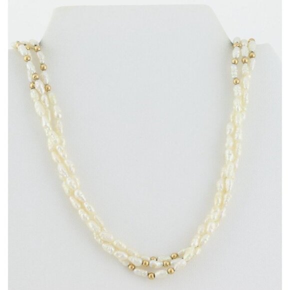 14k Yellow Gold Rice Pearl Gold Bead Three Strand Long 30" Necklace - Picture 7 of 8